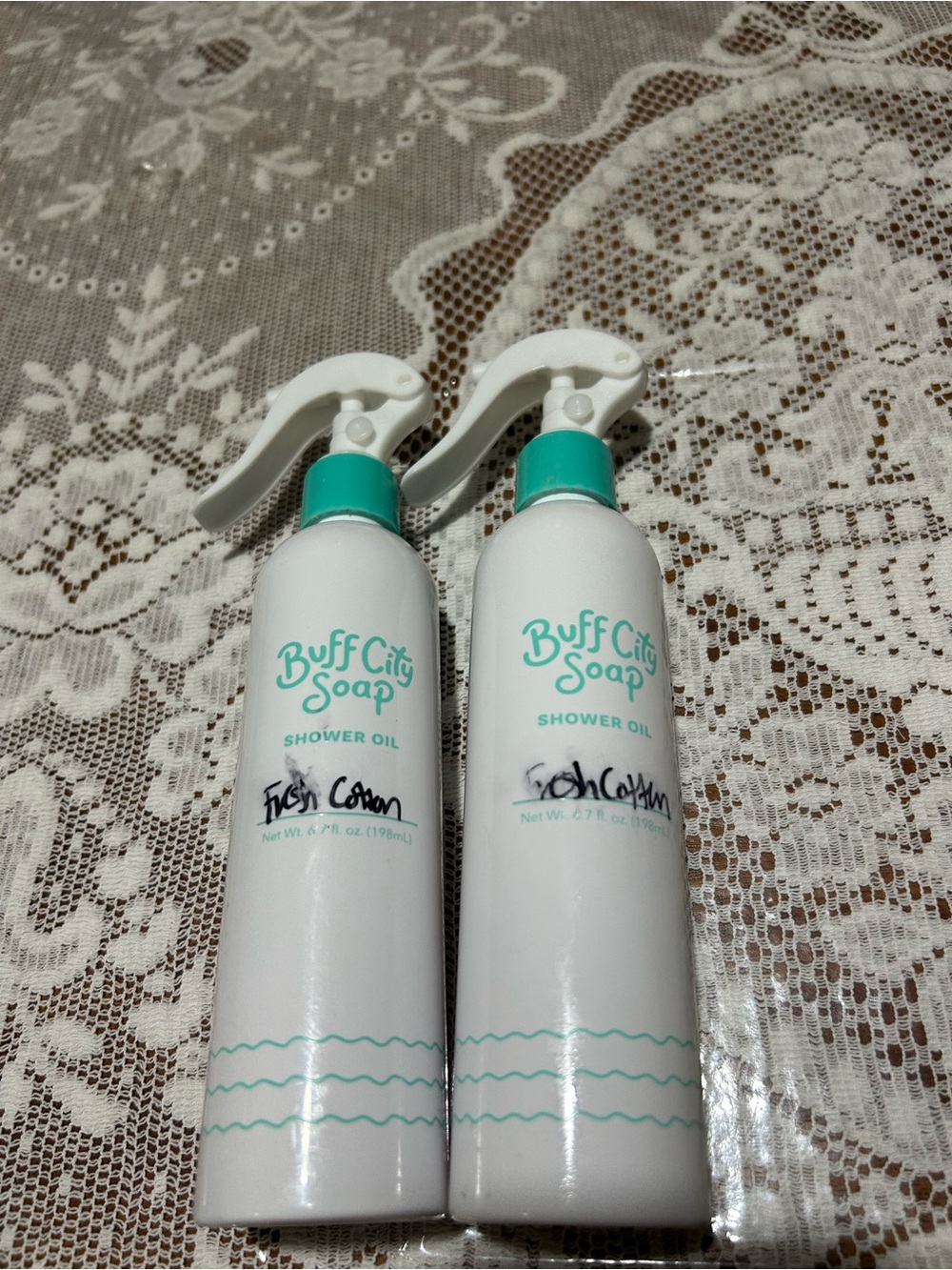 2-Buff City Soap Fresh Cotton Shower Oil — White with Teal Accents